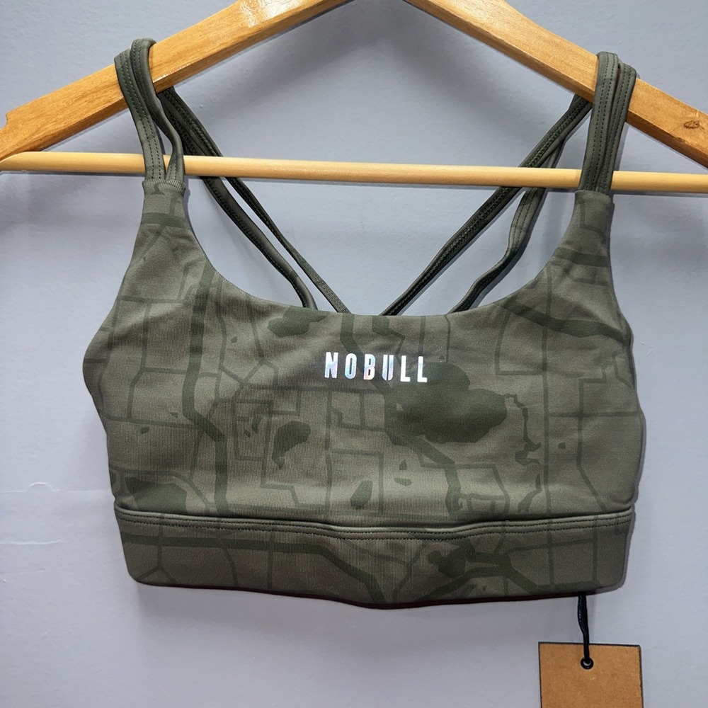 NOBULL Madison Army Sports Bra XS Olive Green Topographic Print Strappy NWT